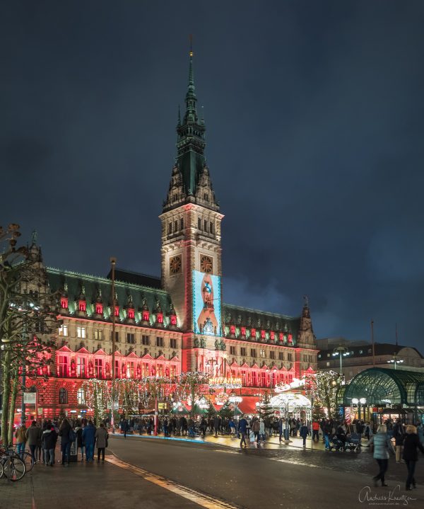 Hamburger Rathaus mit Weihnachtsmarkt